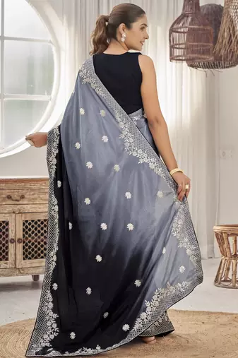 Women's heavy embroidered moss chiffon dual tone black & grey color padding saree for women
