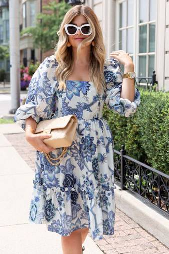 Blue floral puff sleeve fit & flare mini dress with square neck