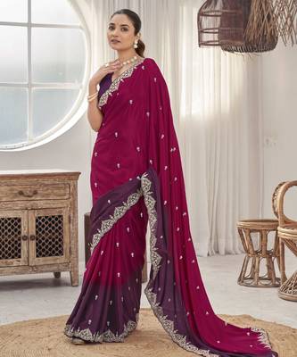 Women's heavy embroidered moss chiffon dual tone wine & maroon color padding saree for women 1