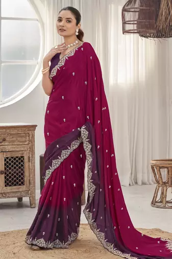 Women's heavy embroidered moss chiffon dual tone wine & maroon color padding saree for women