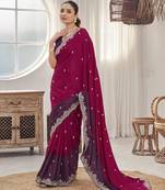 Women's heavy embroidered moss chiffon dual tone wine & maroon color padding saree for women
