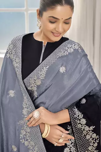 Women's heavy embroidered moss chiffon dual tone black & grey color padding saree for women