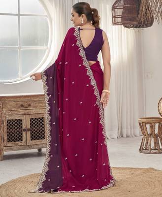 Women's heavy embroidered moss chiffon dual tone wine & maroon color padding saree for women 2
