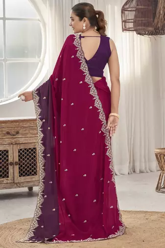 Women's heavy embroidered moss chiffon dual tone wine & maroon color padding saree for women