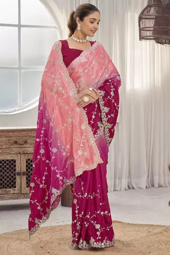 Women's heavy embroidered moss chiffon dual tone pink & peach color padding saree for women