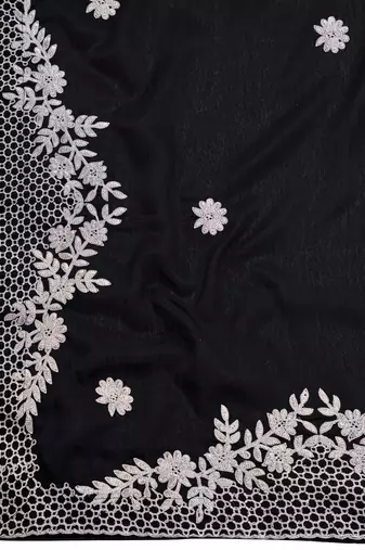 Women's heavy embroidered moss chiffon dual tone black & grey color padding saree for women