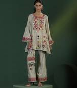 Grey tissue embroidered kurta & pant with potli