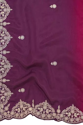 Women's heavy embroidered moss chiffon dual tone wine & maroon color padding saree for women