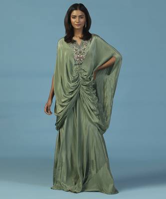Green crepe embroidered kaftan gown 1