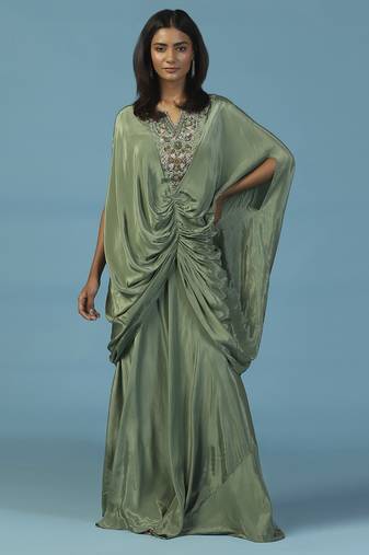 Green crepe embroidered kaftan gown