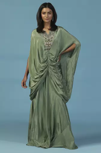 Green crepe embroidered kaftan gown