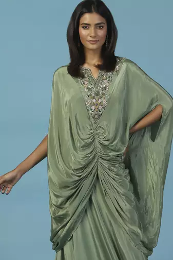 Green crepe embroidered kaftan gown