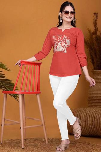 Rust orange embroidered roman silk 3/4 sleeve top