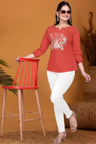 Rust orange embroidered roman silk 3/4 sleeve top