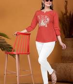 Rust orange embroidered roman silk 3/4 sleeve top