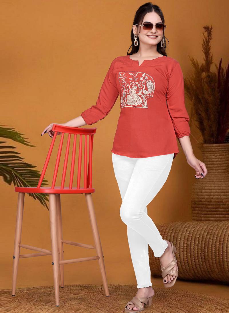 Rust orange embroidered roman silk 3/4 sleeve top