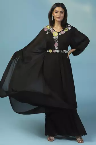 Black chiffon embroidered gown with cape