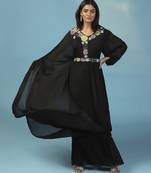 Black chiffon embroidered gown with cape