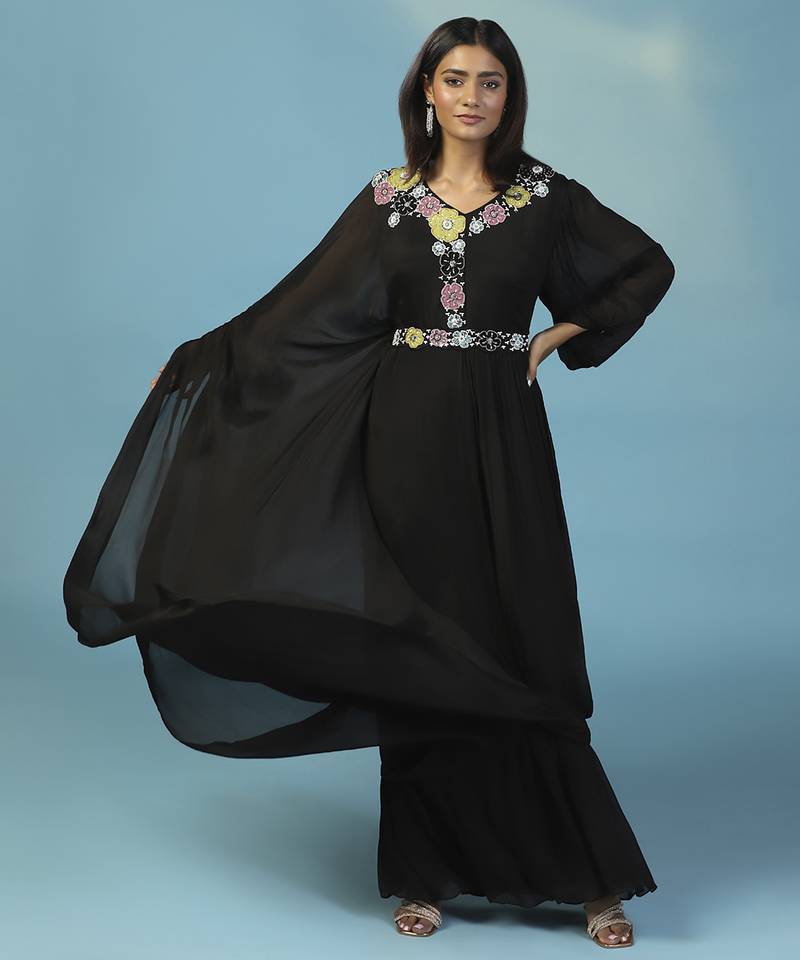 Black chiffon embroidered gown with cape