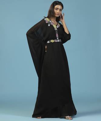 Black chiffon embroidered gown with cape 2