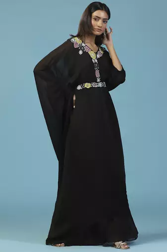 Black chiffon embroidered gown with cape