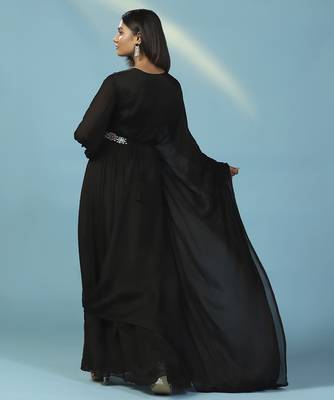 Black chiffon embroidered gown with cape 3