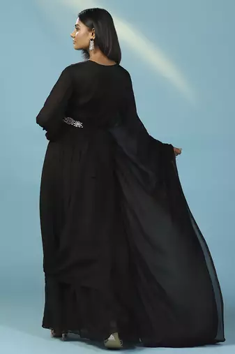 Black chiffon embroidered gown with cape