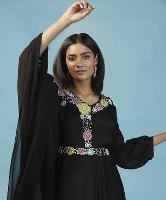 Black chiffon embroidered gown with cape 4