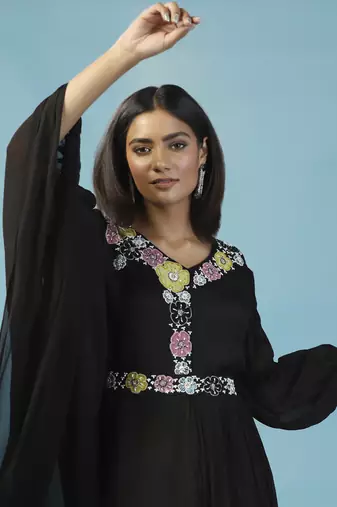 Black chiffon embroidered gown with cape