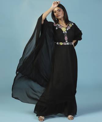 Black chiffon embroidered gown with cape 5
