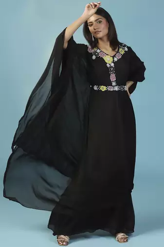 Black chiffon embroidered gown with cape