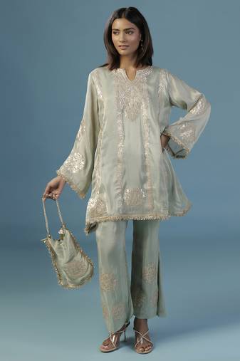 Green tissue embroidered kurta with pant