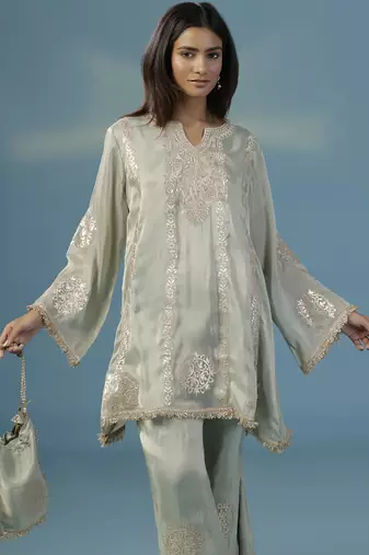 Green tissue embroidered kurta with pant