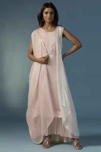 Pink crepe plain kurta set with jacket