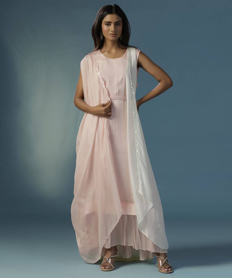 Pink crepe plain kurta set with jacket