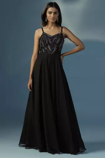 Black georgette embroidered gown