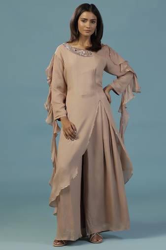 Gold chinon plain kurta with pant