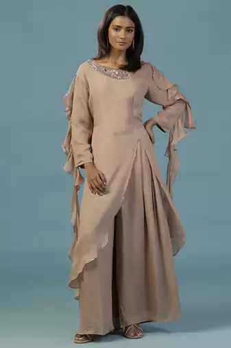 Gold chinon plain kurta with pant