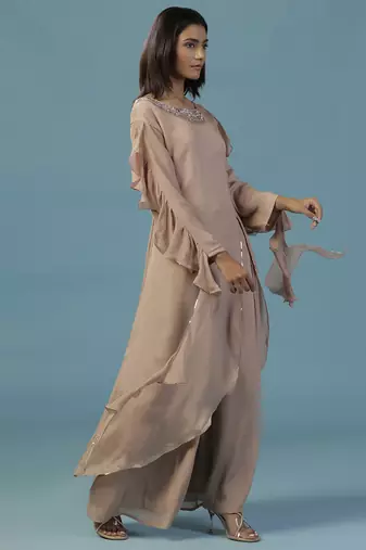 Gold chinon plain kurta with pant