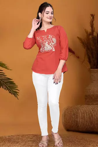 Rust orange embroidered roman silk 3/4 sleeve top