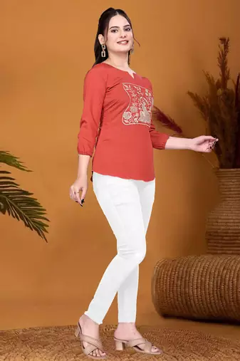 Rust orange embroidered roman silk 3/4 sleeve top