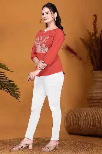Rust orange embroidered roman silk 3/4 sleeve top