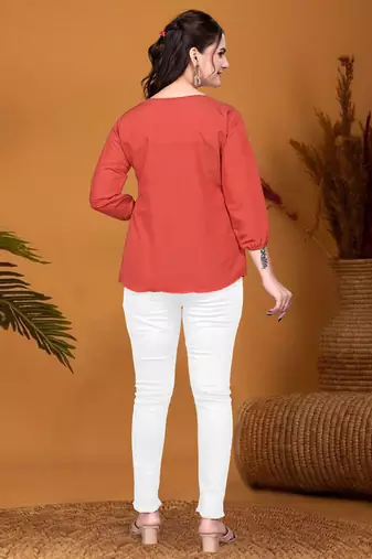 Rust orange embroidered roman silk 3/4 sleeve top
