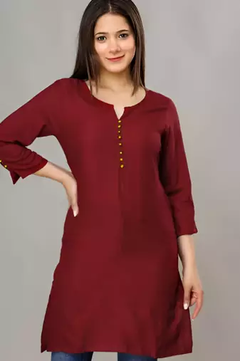 Maroon solid roman silk regular top with 3/4 sleeves