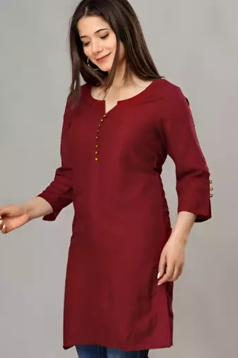 Maroon solid roman silk regular top with 3/4 sleeves