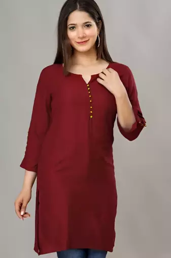 Maroon solid roman silk regular top with 3/4 sleeves