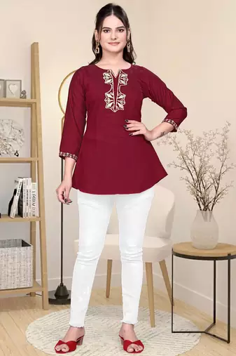 Maroon embroidered roman silk top with 3/4 sleeves