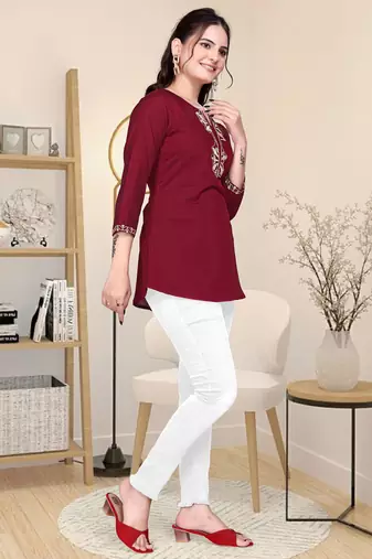 Maroon embroidered roman silk top with 3/4 sleeves