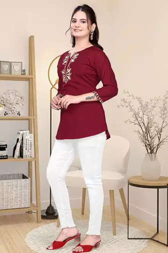 Maroon embroidered roman silk top with 3/4 sleeves