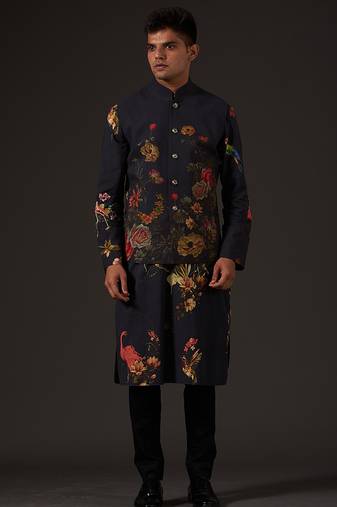Black Floral Printed cotton nehru jacket